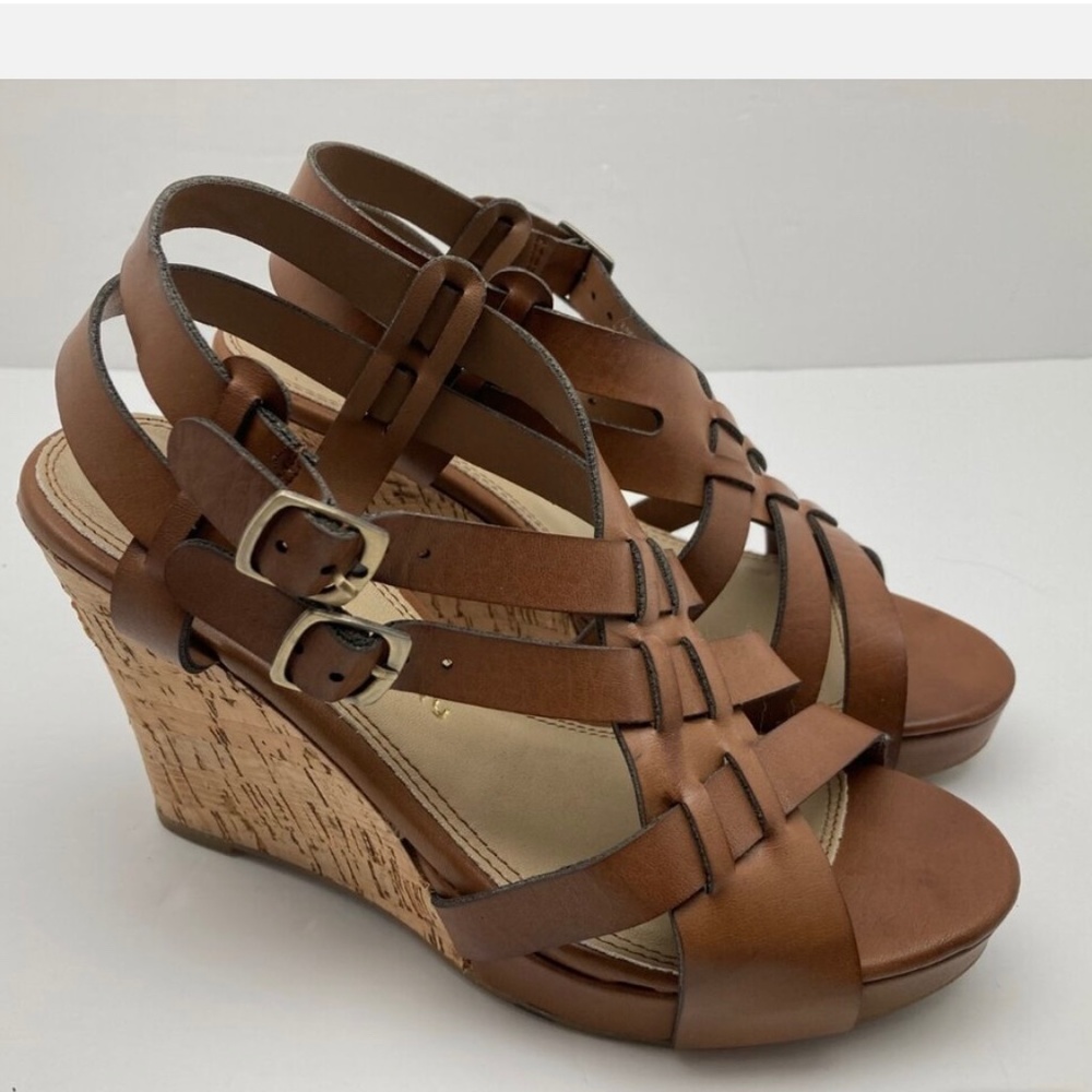 Strappy Leather Sandals with Wedge Cork Heel Brown Size 8